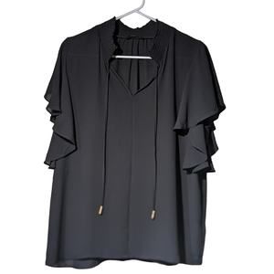 T Tahari Black Flutter Sleeve Smock Neck Tie Front Blouse Womens Sz L
